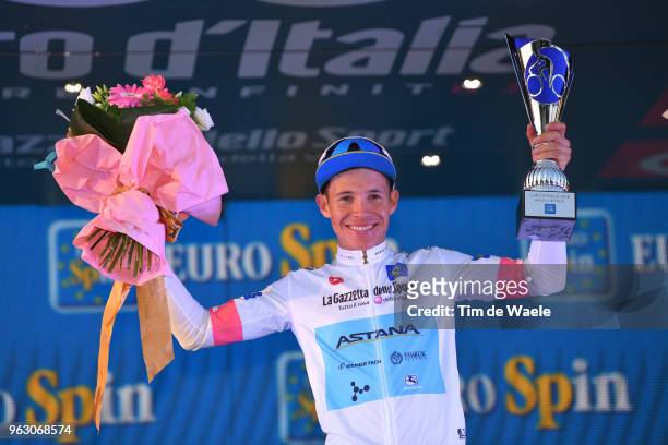 Podium / Miguel Angel Lopez of Colombia and Astana Pro Team White Best Young Rider Jersey / Celebration / Trophy / Trofeo Senza Fine / during the...