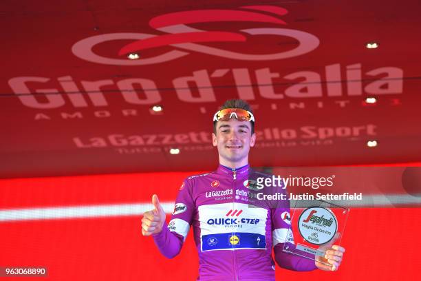 Podium / Elia Viviani of Italy and Team Quick-Step Floors Purple Points Jersey / Celebration / Trophy Segafredo Zanetti / during the 101st Tour of...