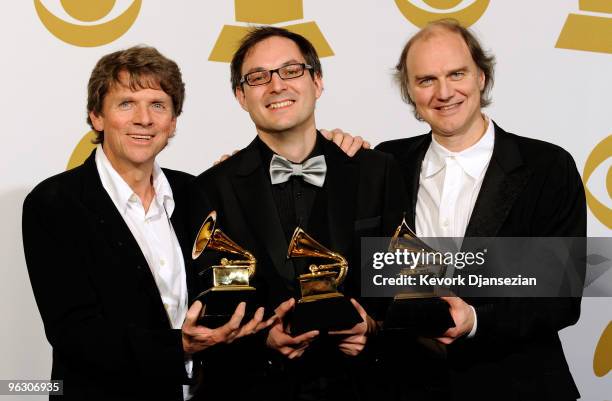 Martin Bolduc, Adrian Wills and Jonathan Clyde poses with Best Long Form Music Video for 'The Beatles Love - All Together Now' in the press room...