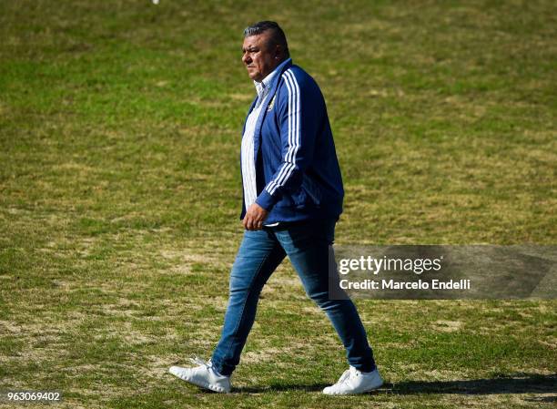 Claudio Tapia President of the Argentine Football Association walks during a training session open to the public as part of the team preparation for...