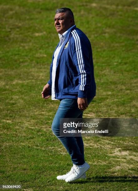 Claudio Tapia President of the Argentine Footbal Association walks during a training session open to the public as part of the team preparation for...