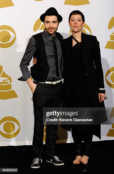 Musicians Jean-Phi Gonclaves and Betty Bonifassi of Beast pose in the press room during the 52nd Annual GRAMMY Awards held at Staples Center on...