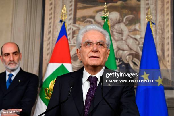 Italy's President Sergio Mattarella addresses journalists after a meeting with Italy's prime ministerial candidate Giuseppe Conte on May 27, 2018 at...