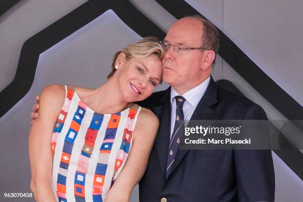 Princess Charlene of Monaco and Prince Albert II of Monaco are seen on the podium at Circuit de Monaco on May 27, 2018 in Monte-Carlo, Monaco.