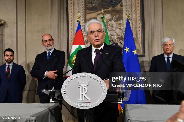 Italy's President Sergio Mattarella addresses journalists after a meeting with Italy's prime ministerial candidate Giuseppe Conte on May 27, 2018 at...