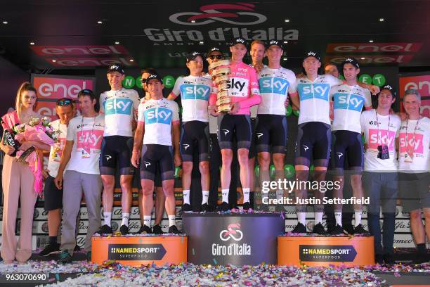 Podium / Christopher Froome of Great Britain Pink Leader Jersey / David de la Cruz of Spain / Kenny Elissonde of France / Sergio Luis Henao Montoya...