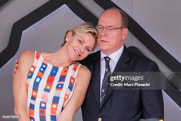 Princess Charlene of Monaco and Prince Albert II of Monaco are seen on the podium at Circuit de Monaco on May 27, 2018 in Monte-Carlo, Monaco.