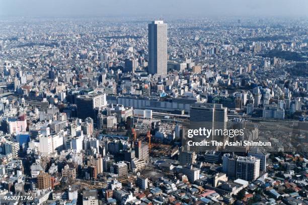 In this aerial image, Ikebukuro area is seen on February 7, 1989 in Tokyo, Japan.