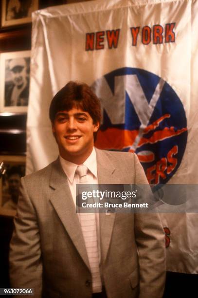 Pat LaFontaine of the New York Islanders poses for a portrait after being drafted by the Islanders circa 1983 in Uniondale, New York.