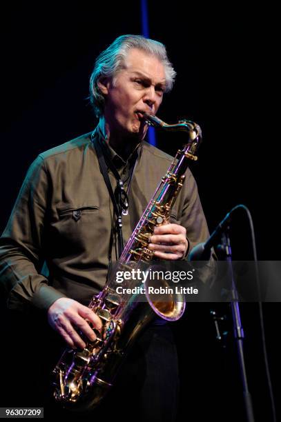 Jan Garbarek performs on stage at Barbican Centre on January 31, 2010 in London, England.
