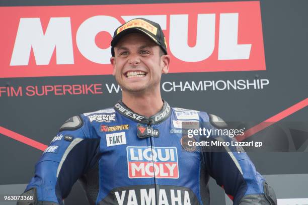 Sandro Cortese of Germany and Kallio Racing celebrates the victory on the podium at the end of the Supersport race during the Motul FIM Superbike...