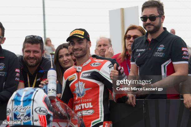 Raffaele De Rosa of Italy and MV AGUSTA REPARTO CORSE celebrates the third place with team at the end of the Supersport race during the Motul FIM...