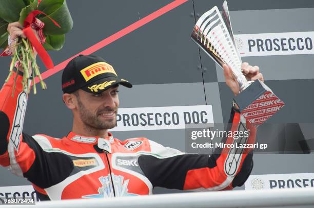 Raffaele De Rosa of Italy and MV AGUSTA REPARTO CORSE celebrates the third place on the podium at the end of the Supersport race during the Motul FIM...