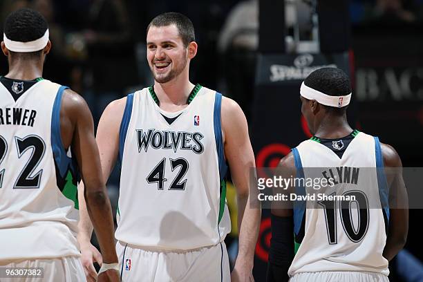 Kevin Love of the Minnesota Timberwolves is all smiles with a career high 25 points in their win against the New York Knicks during the game on...