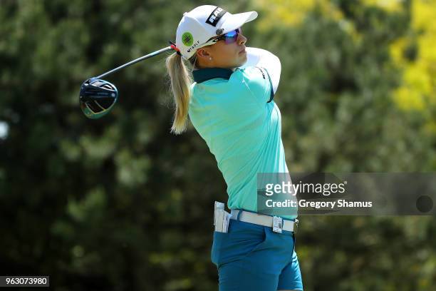 Jodi Ewart Shadoff of England watches her tee shot on the first hole during the final round of the LPGA Volvik Championship on May 27, 2018 at Travis...