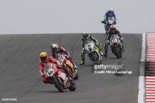 Xavi Fores of Spain and Barni Racing Team leads the field during the Superbike race 2 during the Motul FIM Superbike World Championship - Race Two at...