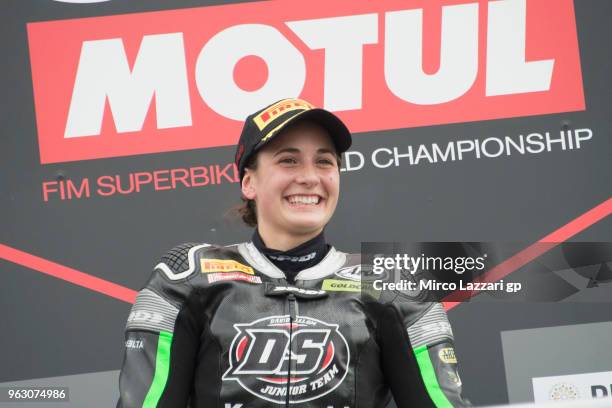 Ana Carrasco of Spain and DS Junior Team celebrates on the podium the victory at the end of the Supersport300 race during the Motul FIM Superbike...