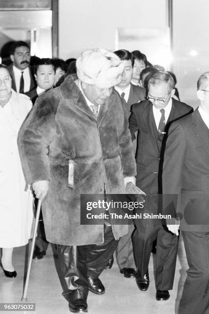 King Taufa'ahau Tupou IV of Tonga is seen on arrival ahead of the Funeral of late Emperor Hirohito at Narita Airport on February 21, 1989 in Narita,...