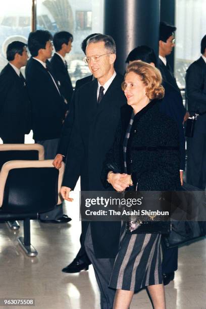 King Baudouin and Queen Fabiola of Belgium are seen on arrival ahead of the Funeral of late Emperor Hirohito at Narita Airport on February 22, 1989...