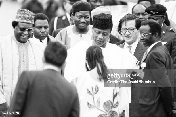 Nigeira's head of state Ibrahim Babangida is seen on arrival ahead of the Funeral of late Emperor Hirohito at Haneda Airport on February 23, 1989 in...