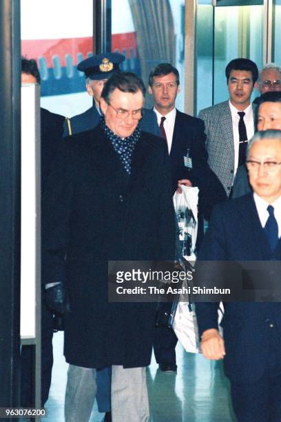 Prince Henrik of Denmark is seen on arrival ahead of the Funeral of late Emperor Hirohito at Narita Airport on February 23, 1989 in Narita, Chiba,...