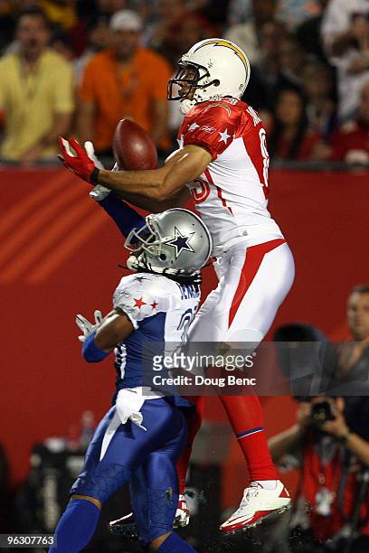 Terence Newman of the Dallas Cowboys breaks up a pass intended for Vincent Jackson of the San Diego Chargers during the 2010 AFC-NFC Pro Bowl at Sun...