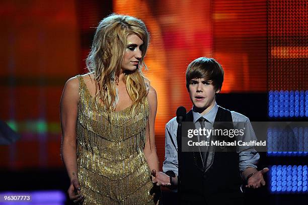 Musicians Ke$ha and Justin Bieber onstage at the 52nd Annual GRAMMY Awards held at Staples Center on January 31, 2010 in Los Angeles, California.