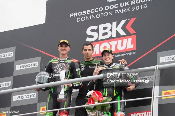 Borja Sanchez of Spain and ETG Racing David Salom of Spain and Ana Carrasco of Spain and DS Junior Team celebrate at the end of the Supersport300...