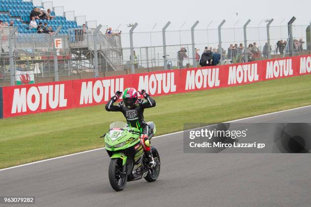 Ana Carrasco of Spain and DS Junior Team cuts the finish lane and celebrates the victory at the end of the Supersport300 race during the Motul FIM...