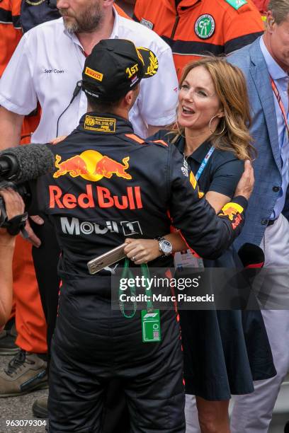 Geri Horner congratulates race winner Daniel Ricciardo during the Monaco Formula One Grand Prix at Circuit de Monaco on May 27, 2018 in Monte-Carlo,...