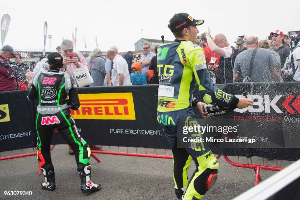 Ana Carrasco of Spain and DS Junior Team and Borja Sanchez of Spain and ETG Racing celebrate under the podium at the end of the Supersport300 race...