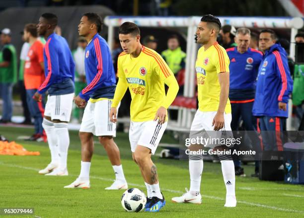 Falcao Garcia and James Rodriguez of Colombia train during a training session open to the public as part of the preparation for FIFA World Cup Russia...