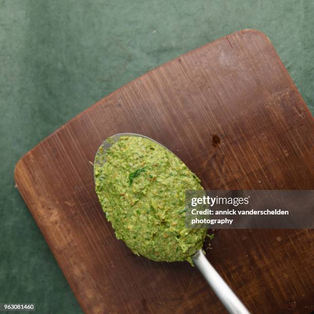 pistachio pesto. - crushed leaves stock pictures, royalty-free photos & images