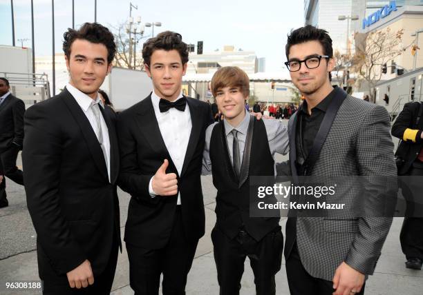 Kevin Jonas, Nick Jonas, Justin Bieber and Joe Jonas attends the 52nd Annual GRAMMY Awards held at Staples Center on January 31, 2010 in Los Angeles,...