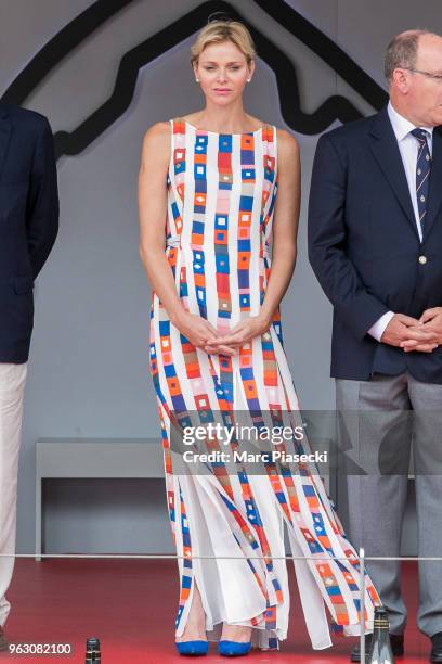 Princess Charlene of Monaco is seen on the podium at Circuit de Monaco on May 27, 2018 in Monte-Carlo, Monaco.