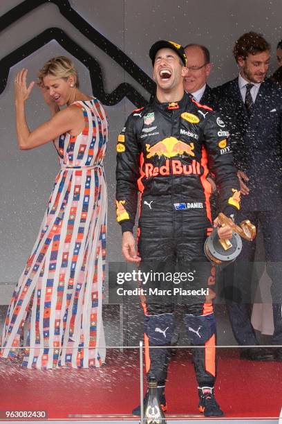 Race winner Daniel Ricciardo of Australia and Red Bull Racing celebrates on the podium during the Monaco Formula One Grand Prix at Circuit de Monaco...