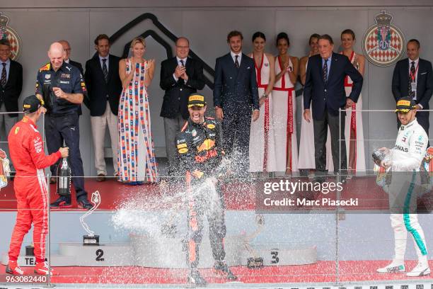 Race winner Daniel Ricciardo of Australia and Red Bull Racing celebrates on the podium during the Monaco Formula One Grand Prix at Circuit de Monaco...