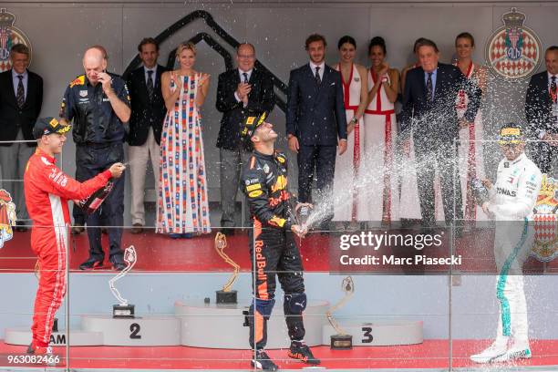 Race winner Daniel Ricciardo of Australia and Red Bull Racing celebrates on the podium during the Monaco Formula One Grand Prix at Circuit de Monaco...