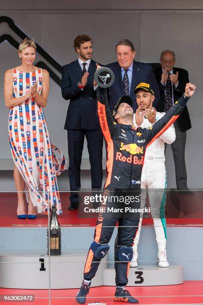 Race winner Daniel Ricciardo of Australia and Red Bull Racing celebrates on the podium during the Monaco Formula One Grand Prix at Circuit de Monaco...