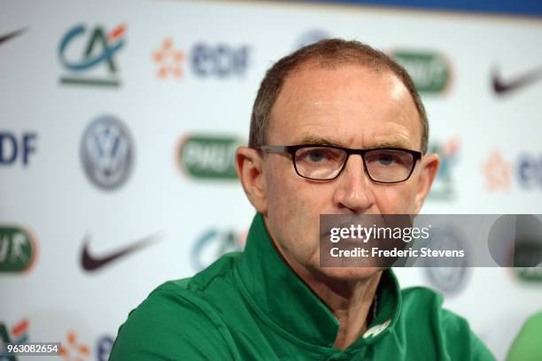 Irish football Coach Martin O'Neill attends a press conference ahead of the friendly match between France and Ireland at the Stade de France on May...