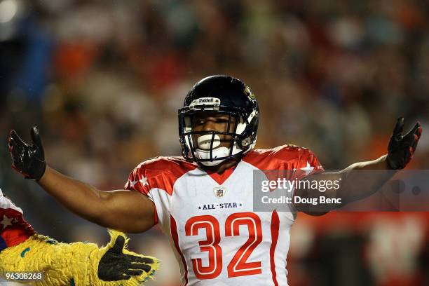 Maurice Jones-Drew of the Jacksonville Jaguars reacts aftrer a touchdown during the 2010 AFC-NFC Pro Bowl at Sun Life Stadium on January 31, 2010 in...