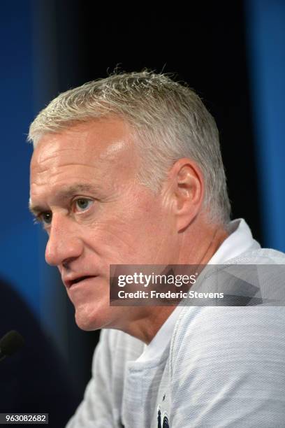 Coach Didier Deschamps attends a press conference ahead of the friendly match between France and Ireland at the Stade de France on May 27, 2018 in...