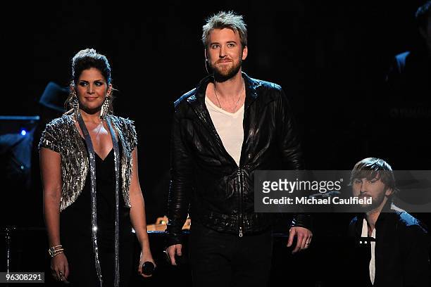 Musicians Hillary Scott, Charles Kelley and Dave Haywood onstage at the 52nd Annual GRAMMY Awards held at Staples Center on January 31, 2010 in Los...