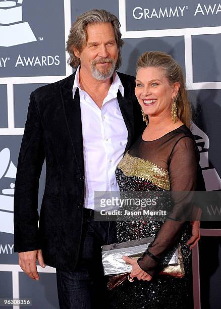 Actor Jeff Bridges and wife Susan Geston arrives at the 52nd Annual GRAMMY Awards held at Staples Center on January 31, 2010 in Los Angeles,...