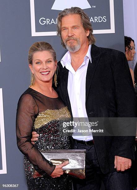 Actor Jeff Bridges and wife Susan Geston arrives at the 52nd Annual GRAMMY Awards held at Staples Center on January 31, 2010 in Los Angeles,...