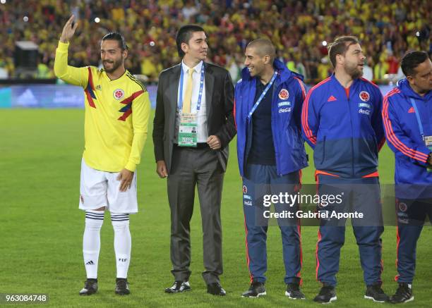 Maluma, Colombian singer greets fans prior a training session open to the public as part of the preparation for FIFA World Cup Russia 2018 on May 25,...
