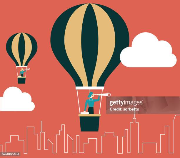 ilustrações de stock, clip art, desenhos animados e ícones de businesswoman in hot air balloon - balão de ar quente