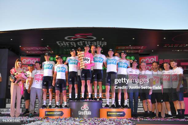 Podium / Christopher Froome of Great Britain Pink Leader Jersey / David de la Cruz of Spain / Kenny Elissonde of France / Sergio Luis Henao Montoya...