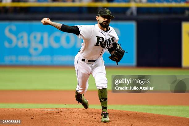 Sergio Romo of the Tampa Bay Rays throws a pitch in the first inning against the Baltimore Orioles on May 27, 2018 at Tropicana Field in St...