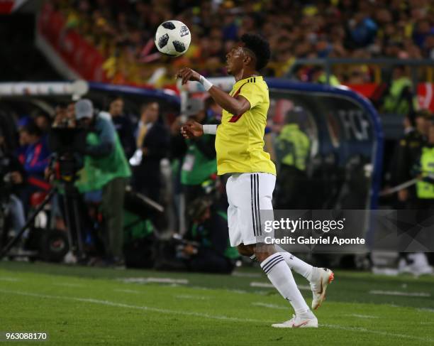 Johan Mojica of Colombia controls the ball during a training session open to the public as part of the preparation for FIFA World Cup Russia 2018 on...